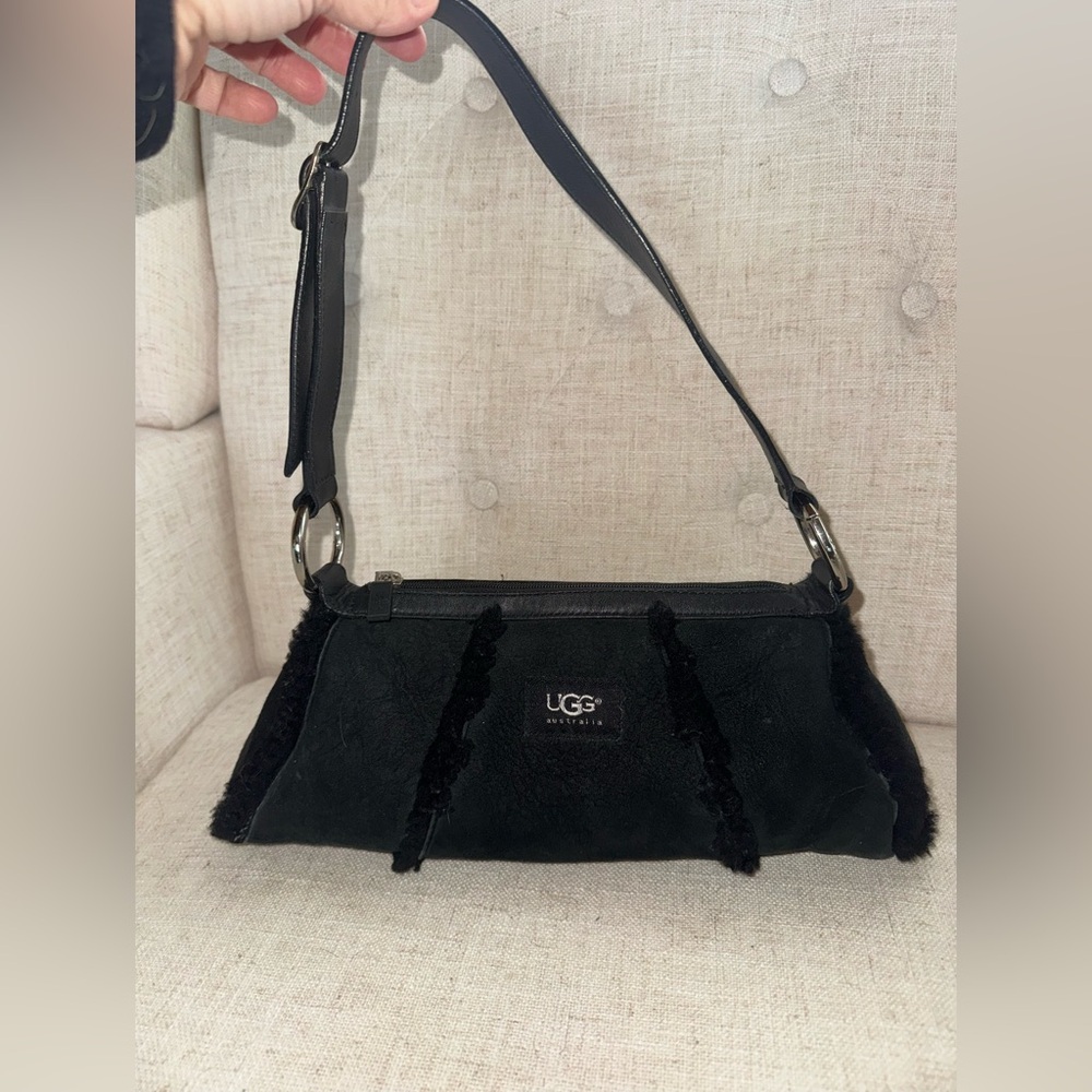 UGG Black Suede Shoulder Bag with Shearling Trim